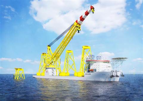 Colour computer drawing of how Jan De Nul Group's new offshore installation crane vessel Les AlizÃ©s will look. Big yellow lattice crane with red and white boom tip